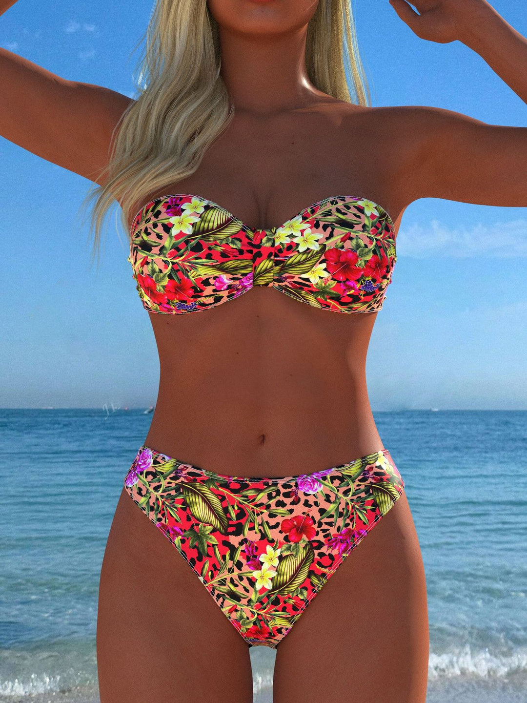 Damen Bandeau-Bikini mit floralem Muster und hohem Beinausschnitt Drune