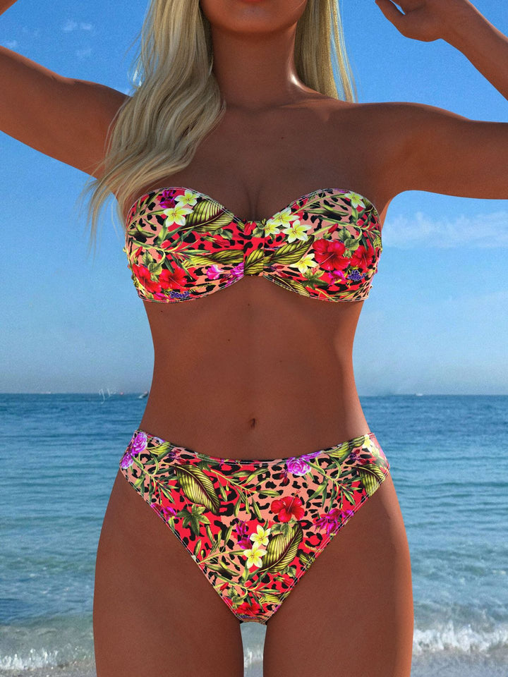 Damen Bandeau-Bikini mit floralem Muster und hohem Beinausschnitt Drune