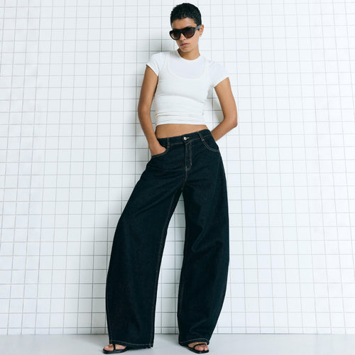 Damen nan hohe Taillenweite Palazzo-Denim mit weitem Bein und cleanem Five-Pocket-Design Drune
