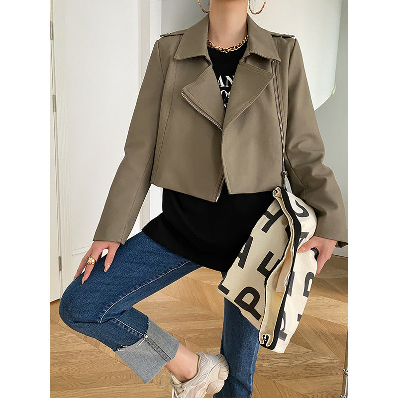 Damen vegane Lederjacke im Biker-Stil mit asymmetrischem Reißverschluss Drune