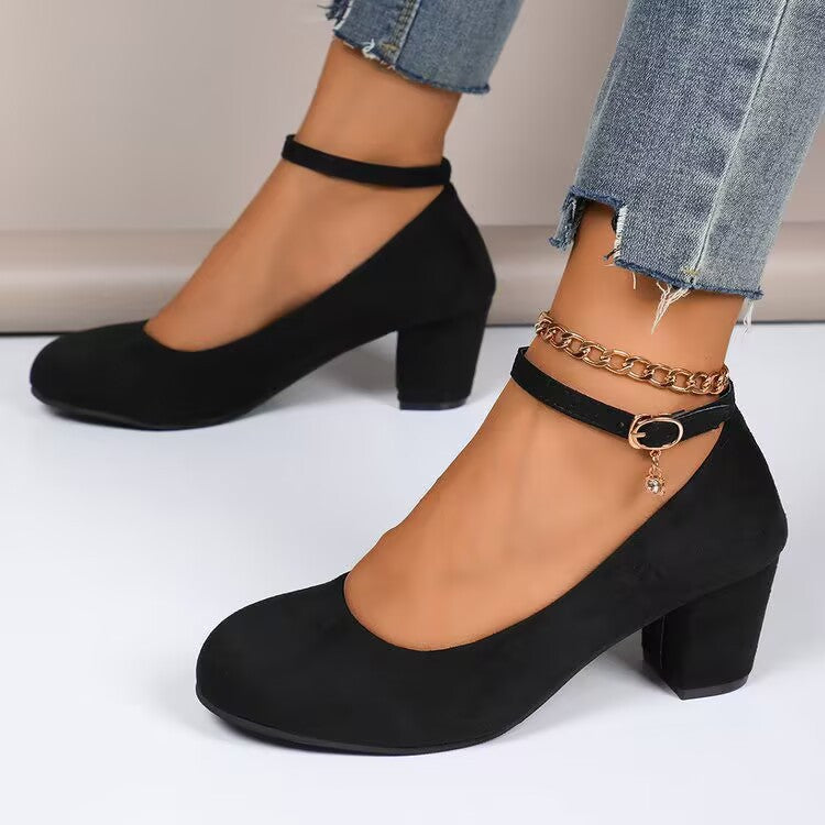 Damen Elegante Pumps mit breitem Blockabsatz und verstellbarem Knöchelriemen Drune
