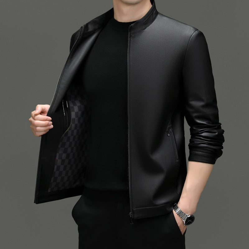 Herren moderne Kunstlederjacke mit hohem Stehkragen und praktischen Reißverschlusstaschen Drune