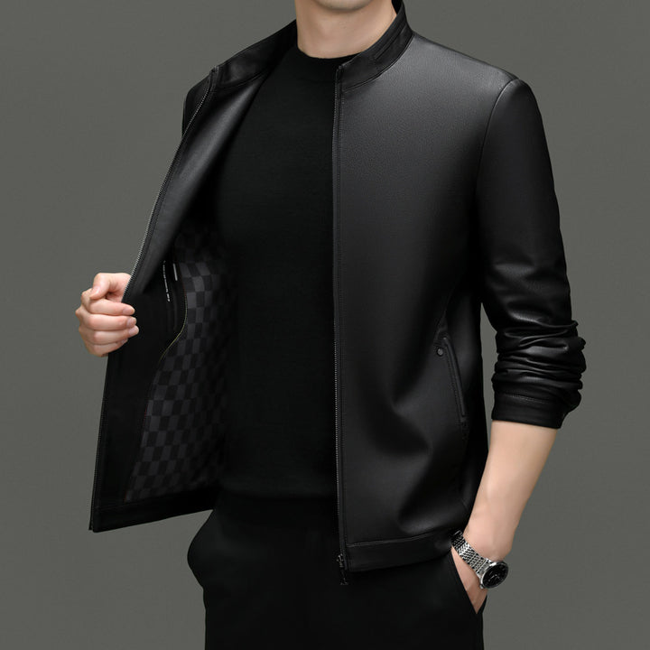 Herren moderne Kunstlederjacke mit hohem Stehkragen und praktischen Reißverschlusstaschen Drune