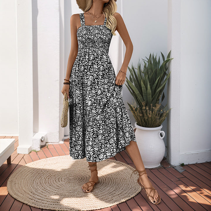 Damen Maxikleid mit floralem Muster und elastischem Taillengürtel Drune