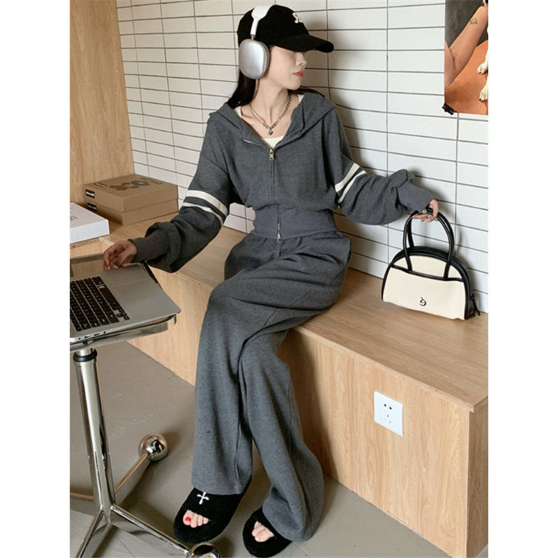 Damen Sportliches Hoodie- und Jogginghosen-Set mit sportivem Reißverschluss und weitem Schnitt Drune