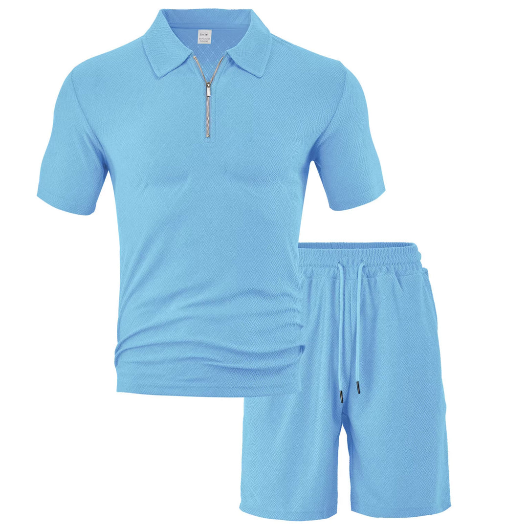 Herren nan komfortables Kurzarm-Halbzip-Set mit Polokragen und elastischer Kordelhose aus Strukturstrick Drune