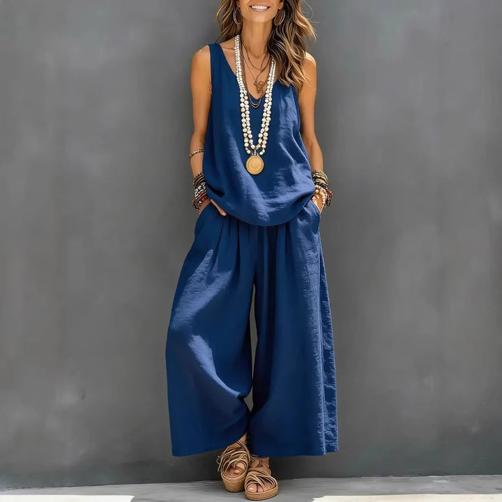 Damen Lockere Sommerbluse mit weitem Schnitt und hochtaillierter Hose Drune