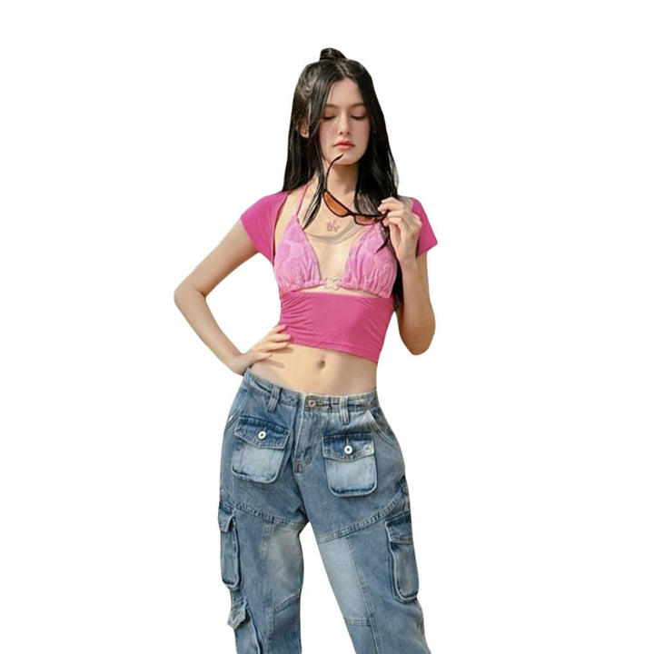 Damen Crop Top mit verspieltem Aquarell-Design und regulierbarem Ausschnitt Drune
