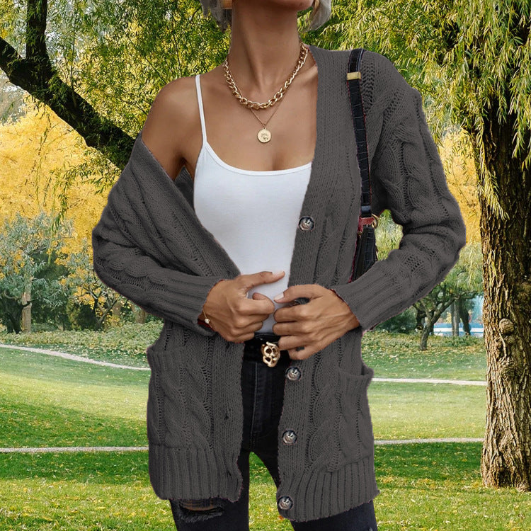 Damen grobstrickige Cardigan mit Taschen und modischem Zopfmuster Drune