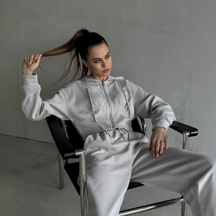 Damen nan zweiteiliges Cropped Hoodie-Set mit weitem Bundhose-Schnitt und tailliertem Reißverschluss Drune