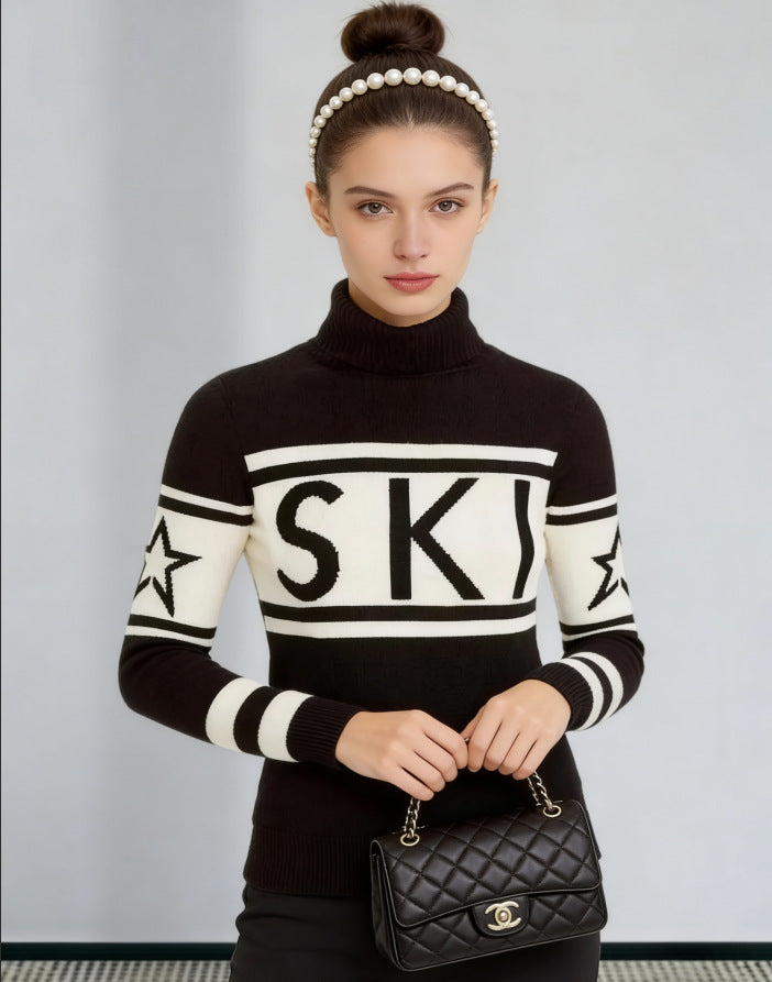 Damen Sportlicher Pullover mit hohem Kragen und trendigem Ski-Design Drune