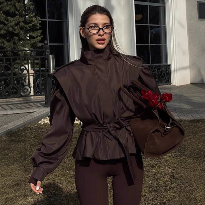 Damen Bluse mit hohen Kragen und elastischem Taillengürtel Drune