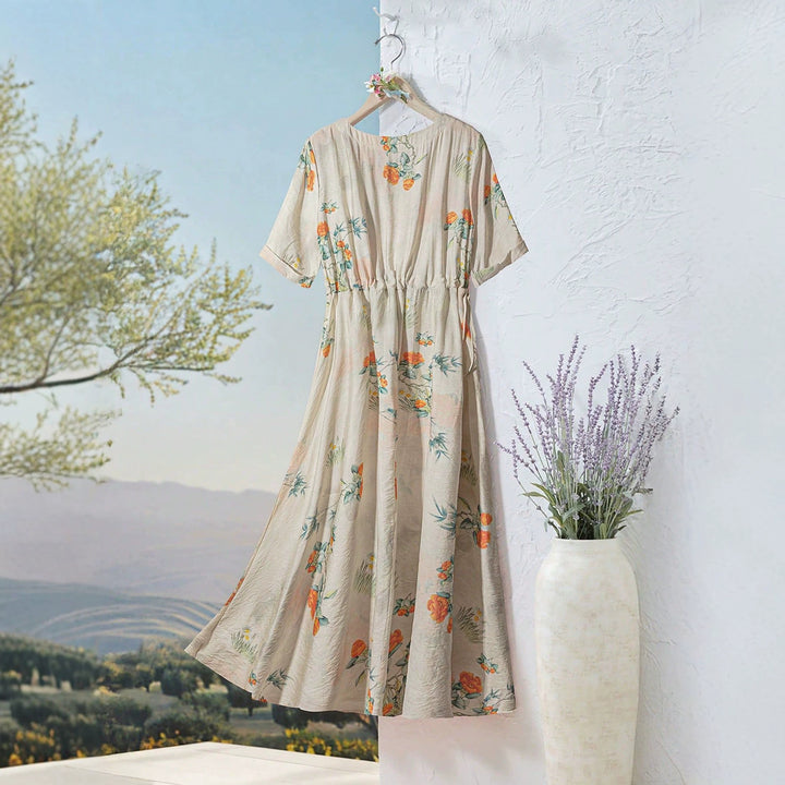 Damen Langarm Maxi-Kleid mit floralem Design und elastischem Bund Drune