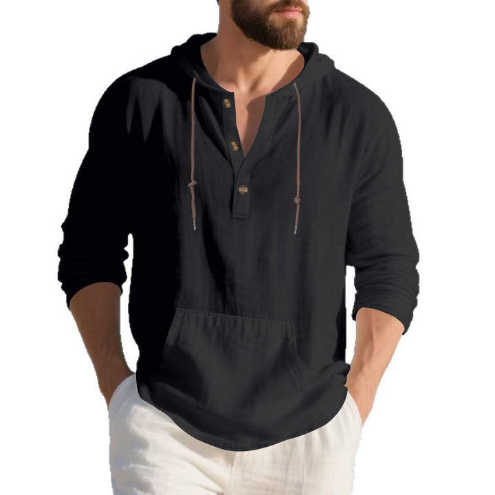 Herren nan leichtes Leinen-Henley-Kapuzenoberteil mit Kängurutasche und lässigem Relax-Fit Drune