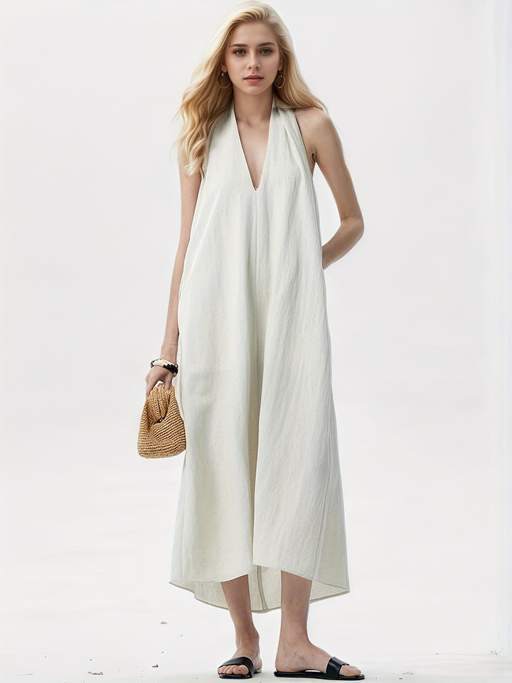 Damen Elegantes Maxikleid mit tiefem V-Ausschnitt und fließendem Stoff Drune