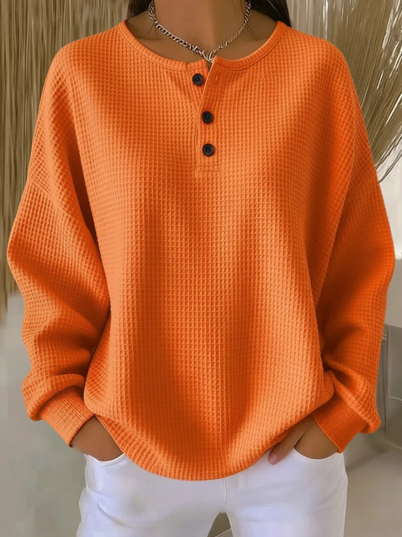 Damen nan Oversized Waffelstrick Henley-Pullover mit Knopfleiste und abgerundetem Saum Drune