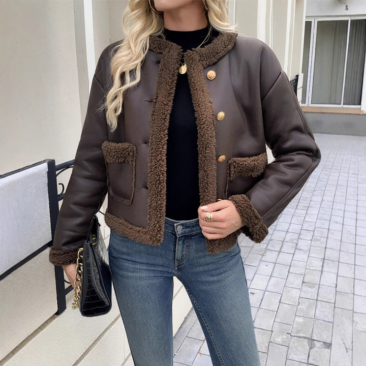 Damen Kurz geschnittene Texturjacke mit verdeckten Knöpfen und Taschen Drune