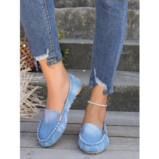 Damen nan lässige Denim-Mokassin-Slipper mit elastischem Einstieg und rutschfester Gummisohle Drune