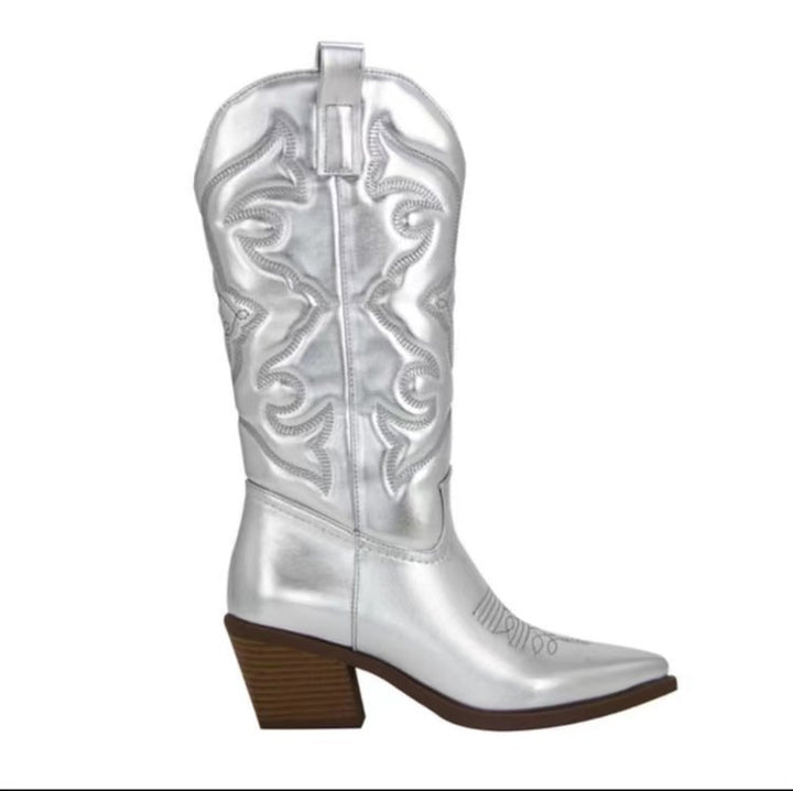 Damen Cowboystiefel mit raffiniertem Muster und stabilen Blockabsatz Drune