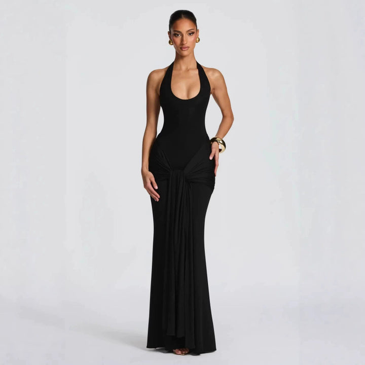 Damen Langes Wickelkleid mit tiefem V-Ausschnitt und Raffungen Drune