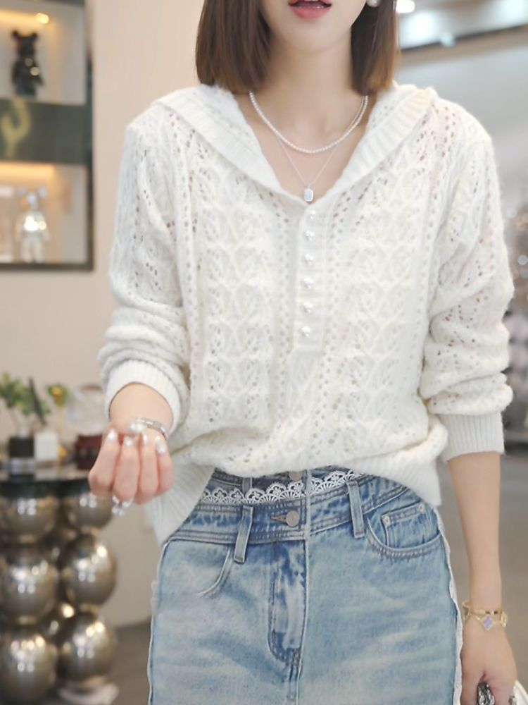 Damen Strickpullover mit Kapuze und edlen Knopfdetails Drune