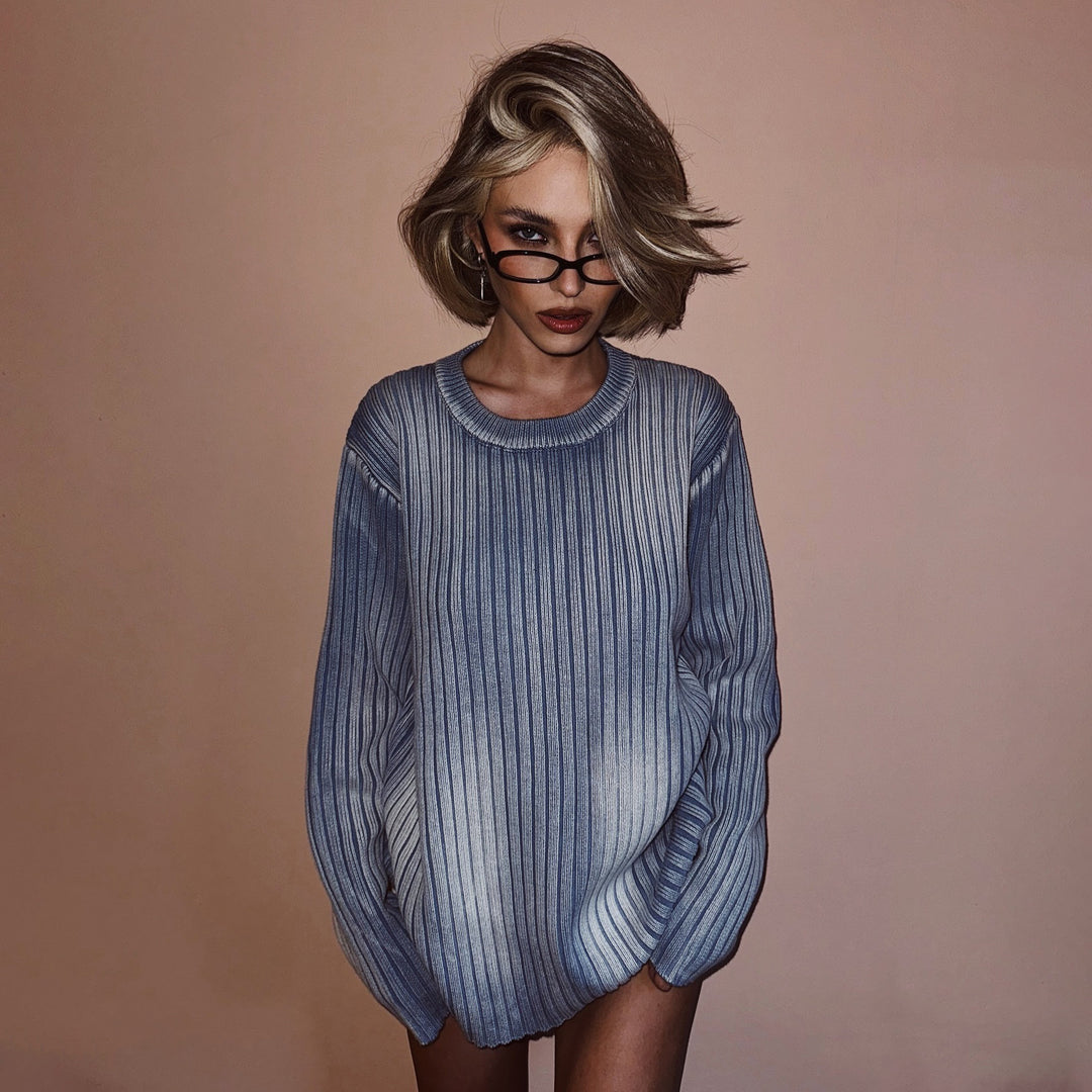 Damen modischer Ripp-Strickpullover mit lässigem Schnitt und langen Ärmeln Drune