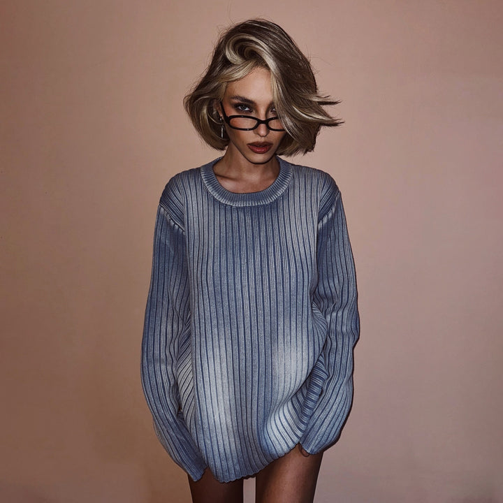 Damen modischer Ripp-Strickpullover mit lässigem Schnitt und langen Ärmeln Drune