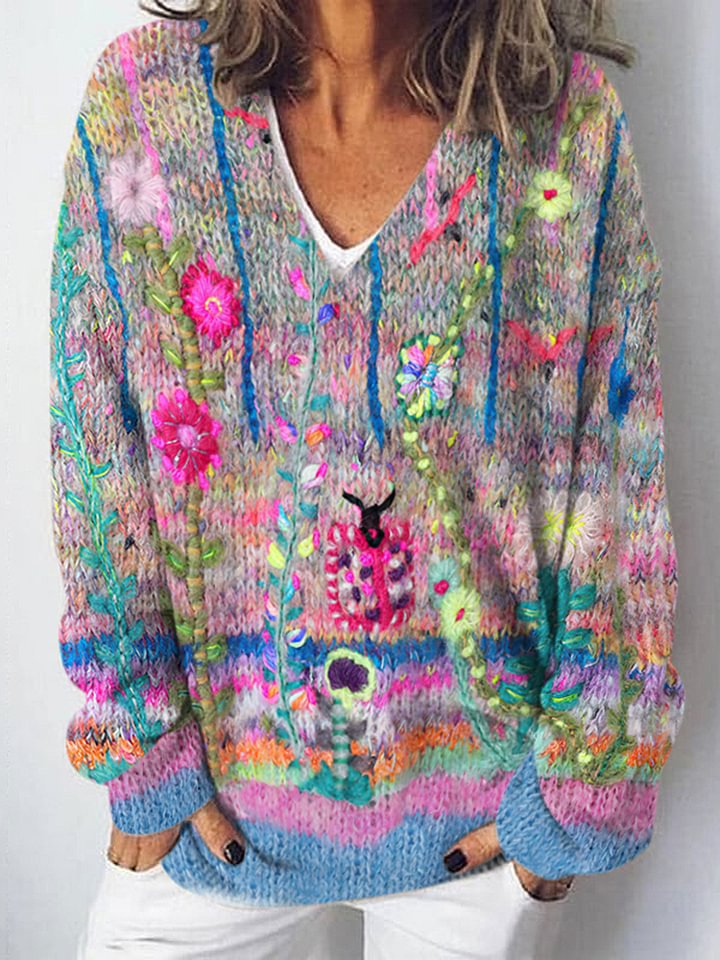 Damen Strickpullover mit kunstvollem Landschaftsmuster Drune