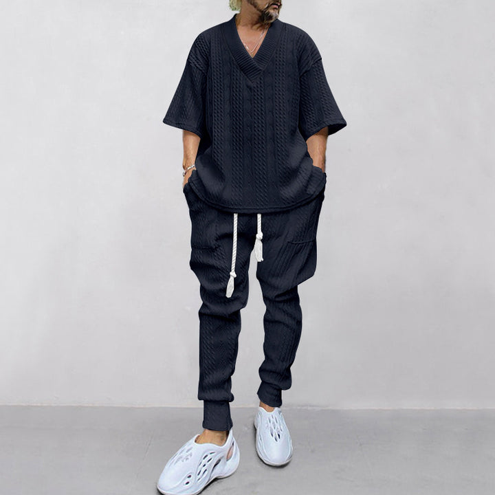 Herren nan lässiges Strickset mit V-Ausschnitt und Kordelzug-Joggerhose Drune