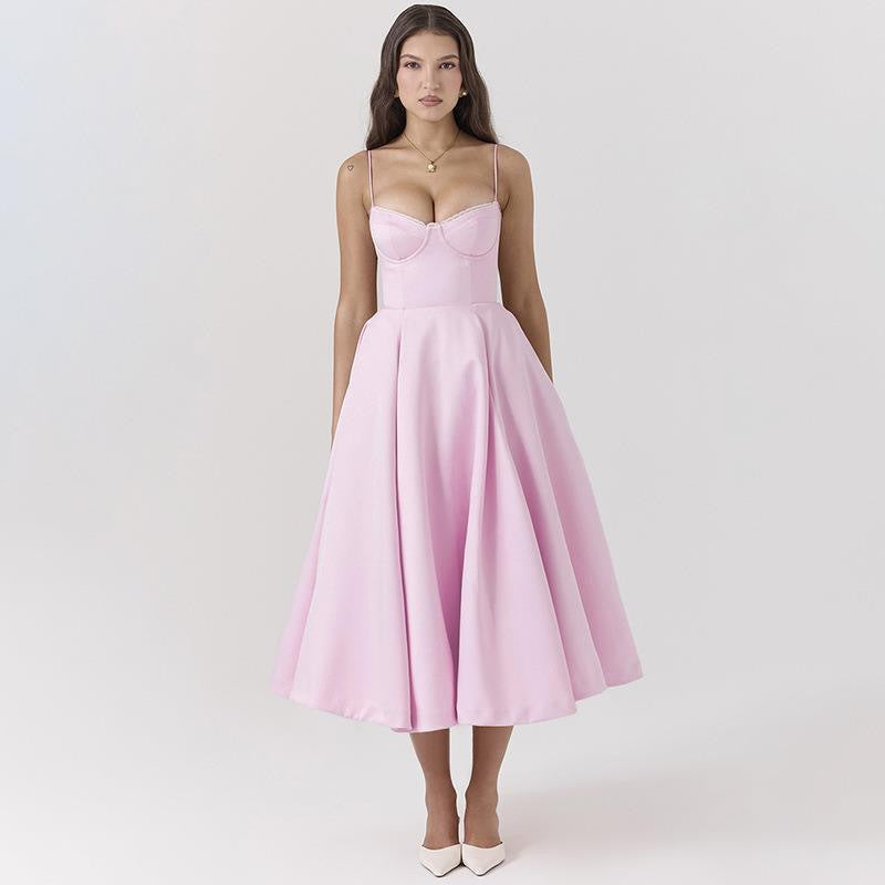 Damen Elegantes Satin Abendkleid mit schwingendem Rock und verstellbaren Spaghetti-Trägern Drune