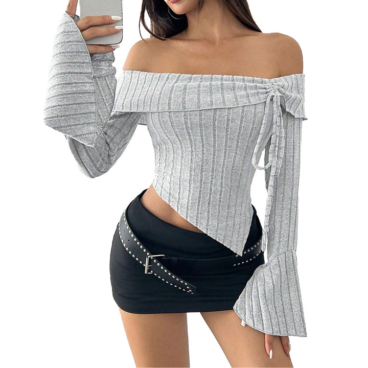 Damen Off-Shoulder Oberteil mit asymmetrischem Saum und langen Trompetenärmeln Drune