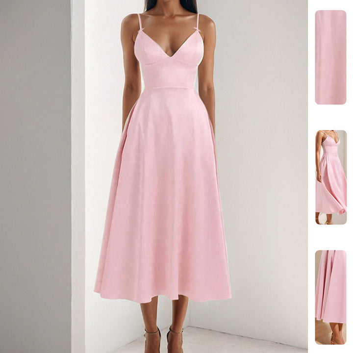 Damen Elegantes Maxikleid mit V-Ausschnitt und fließendem Rock Drune