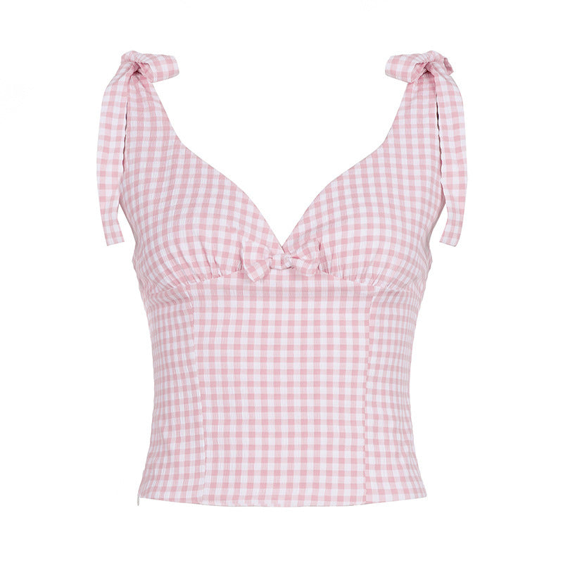 Damen V-Ausschnitt Top mit Bindedetails im Karomuster Drune