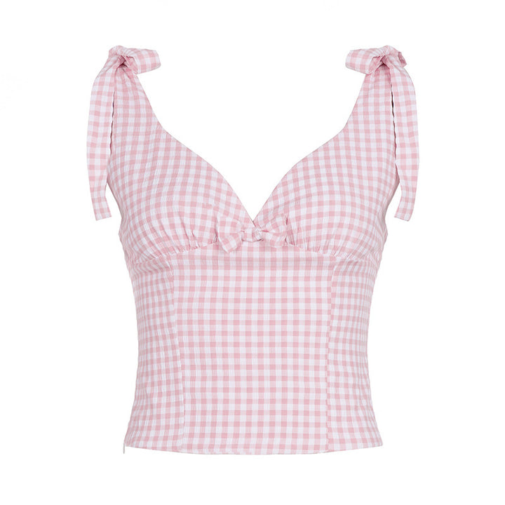 Damen V-Ausschnitt Top mit Bindedetails im Karomuster Drune
