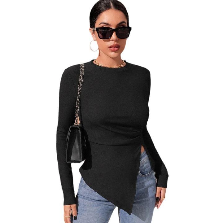Damen langärmliges Wickeloberteil mit asymmetrischem Schnitt und eleganten Rüschen Drune