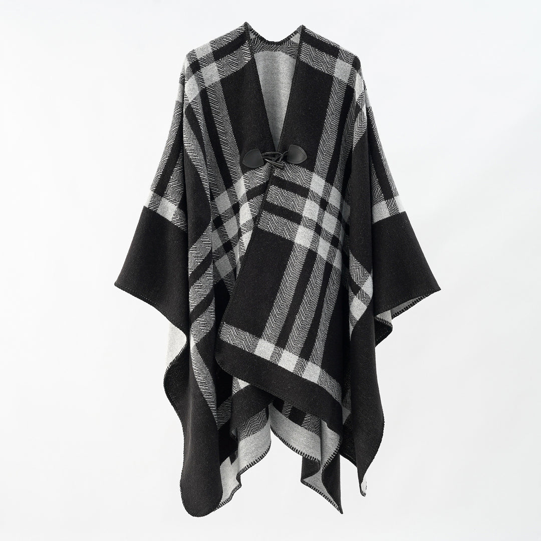 Damen Luxuriöser Geometrischer Poncho aus weichem Material mit dezenter Knopfverzierung Drune