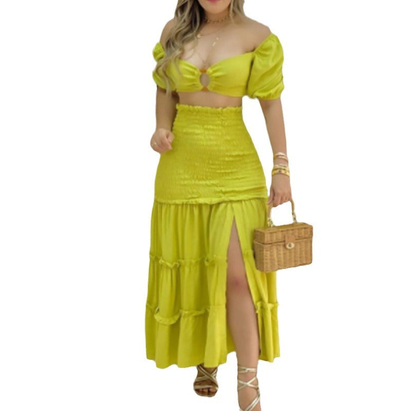 Damen Zweiteiler mit schulterfreiem Crop-Top und schwingendem Rock Drune