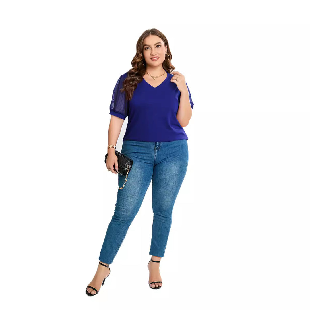 Damen elegantes Blusenshirt mit transparenten Puffärmeln und V-Ausschnitt Drune