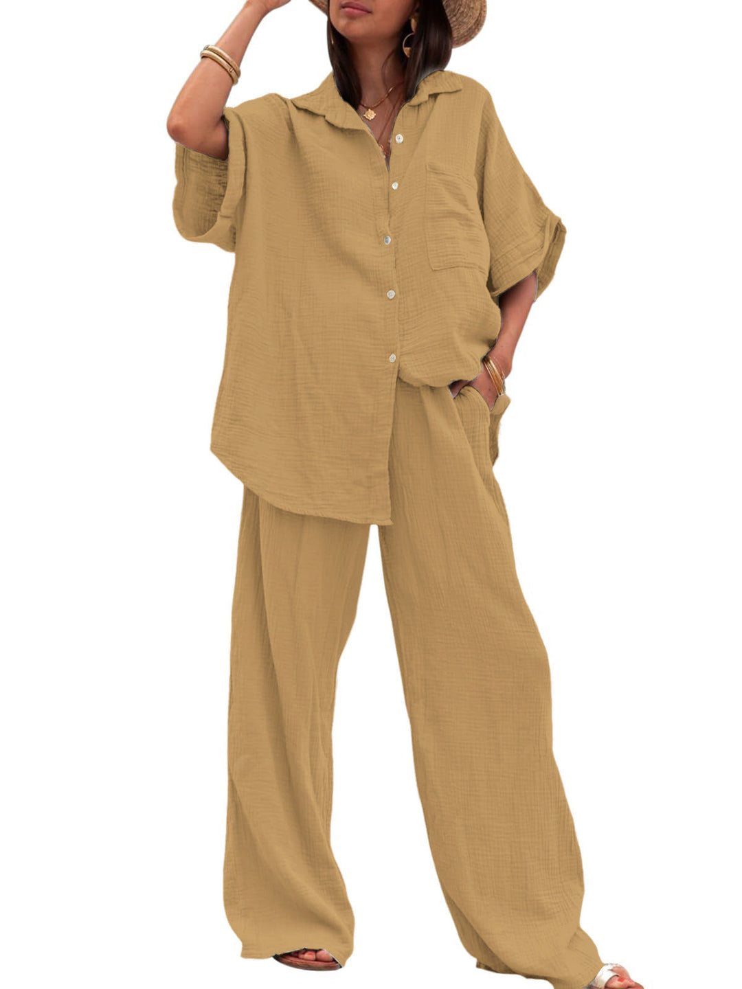 Damen luftiges Oversize-Hemd und weite Hose Set Drune