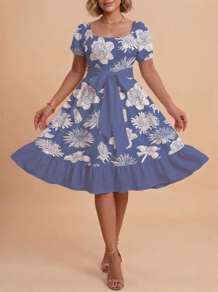 Damen A-Linien-Kleid mit floralen Motiven und taillierbarem Gürtel Drune