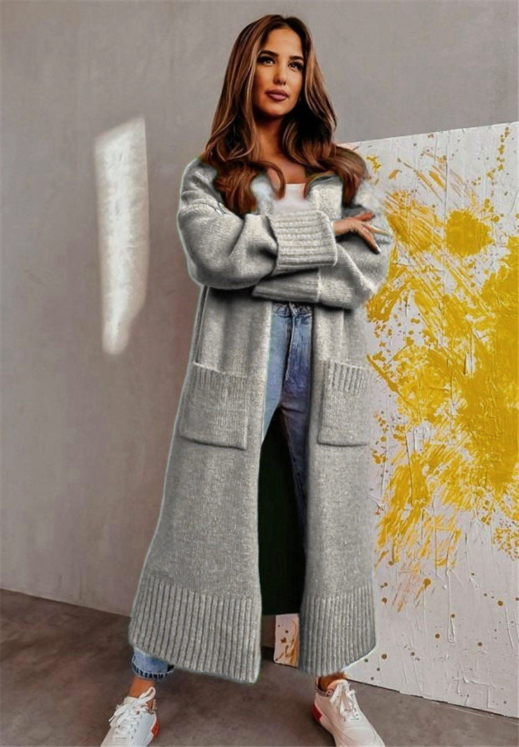 Drune | Lange Strickjacke Strickstoff Lockere Passform Offene Vorderseite Seitliche Taschen