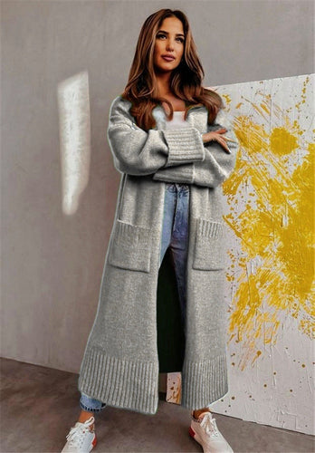 Drune | Lange Strickjacke Strickstoff Lockere Passform Offene Vorderseite Seitliche Taschen