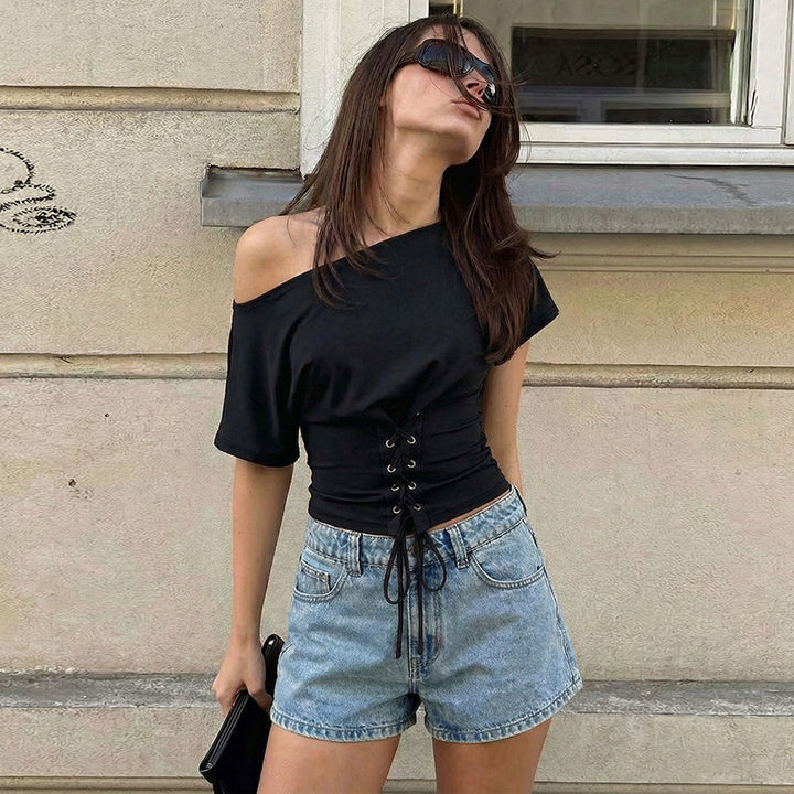 Damen asymmetrisches Oberteil mit raffiniertem Schnürdesign Drune