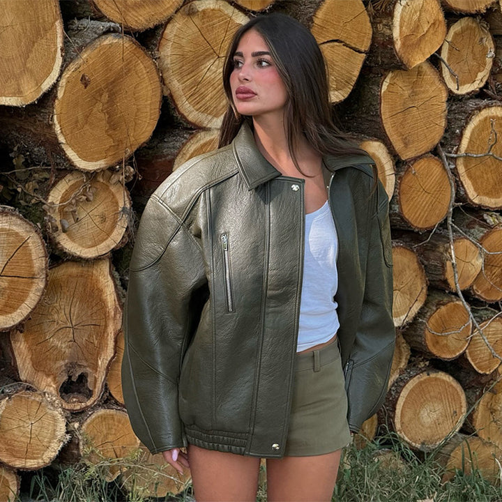 Damen Lederjacke mit lässigem Oversized-Schnitt Drune