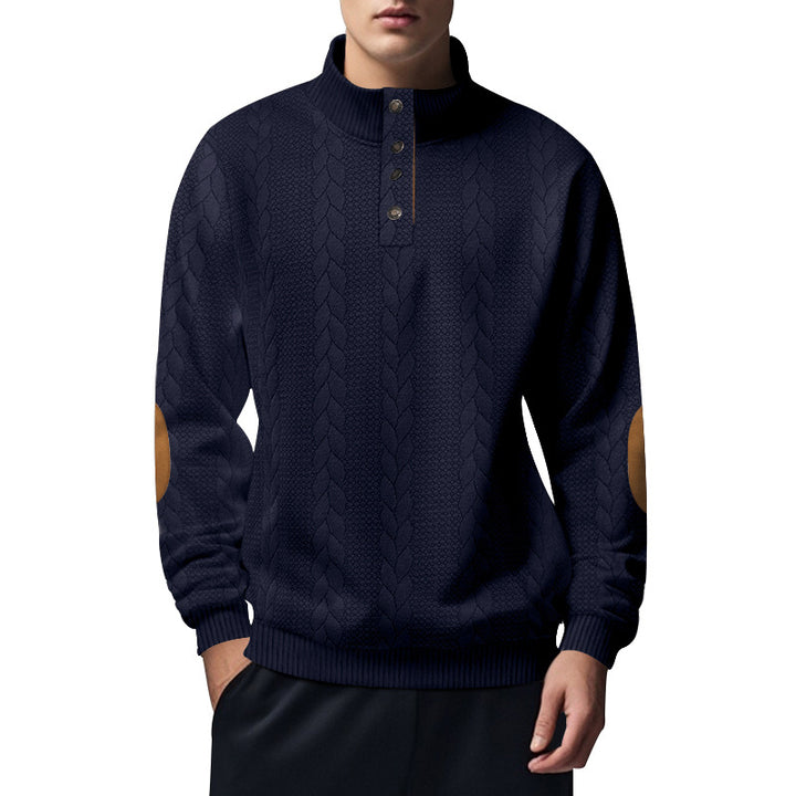 Herren nan strukturiertes Kabelstrick-Henley-Pullover mit Stehkragen und Ellbogenpatches Drune