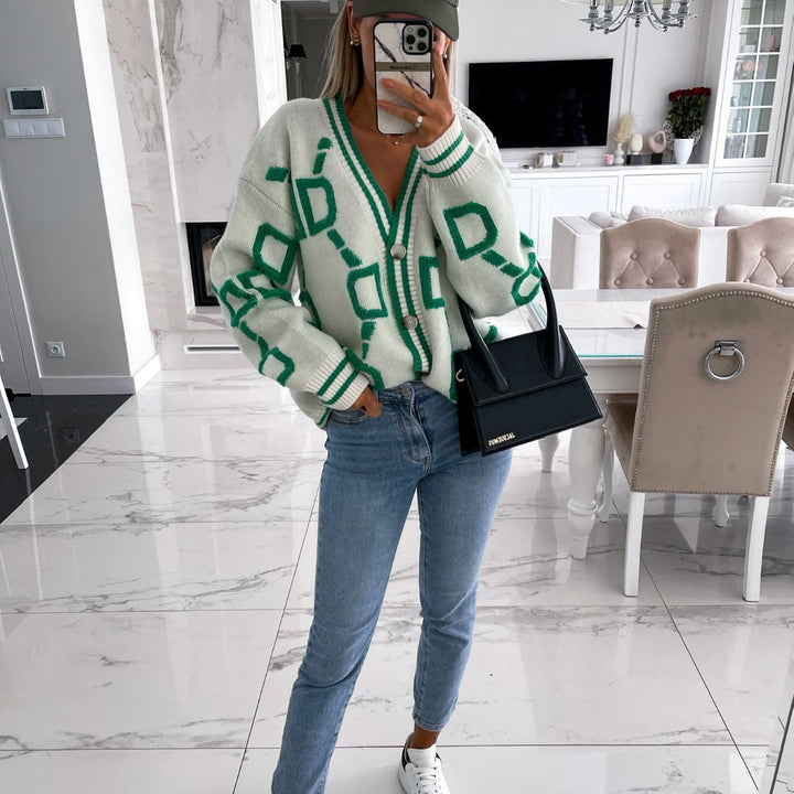 Damen Strickjacke mit grafischem Muster und V-Ausschnitt Drune
