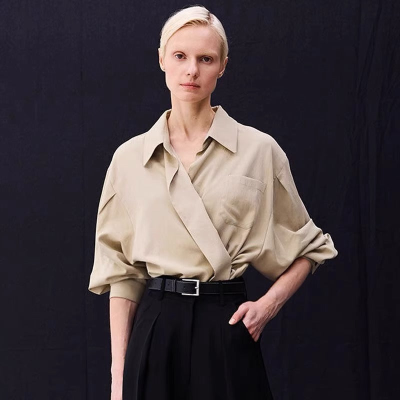 Damen oversized Bluse mit Wickeloptik und praktischer Brusttasche Drune