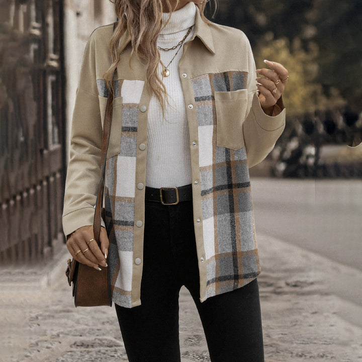 Damen karierte oversized Hemdjacke mit praktischen Taschen und dekorativen Druckknöpfen Drune