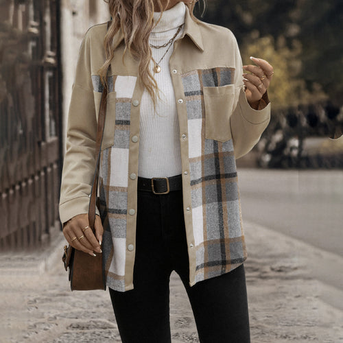 Damen karierte oversized Hemdjacke mit praktischen Taschen und dekorativen Druckknöpfen Drune