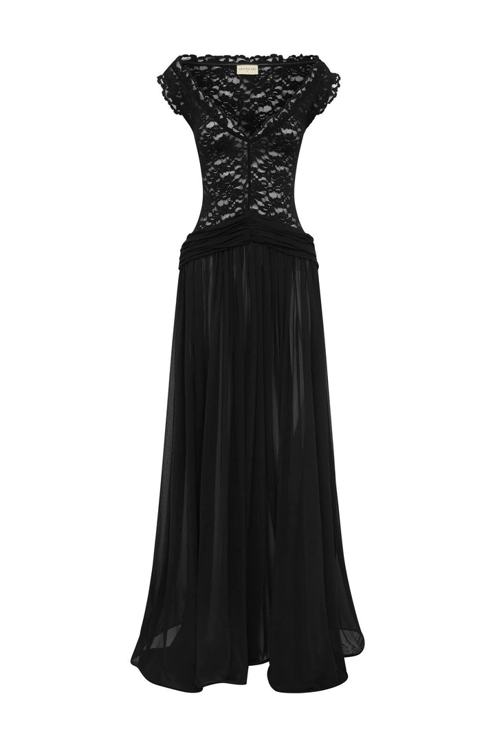Damen Elegantes Spitzenmaxikleid mit fließendem Rock Drune
